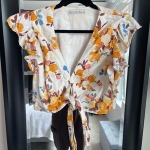Abercrombie Floral Tie Front Linen Blouse